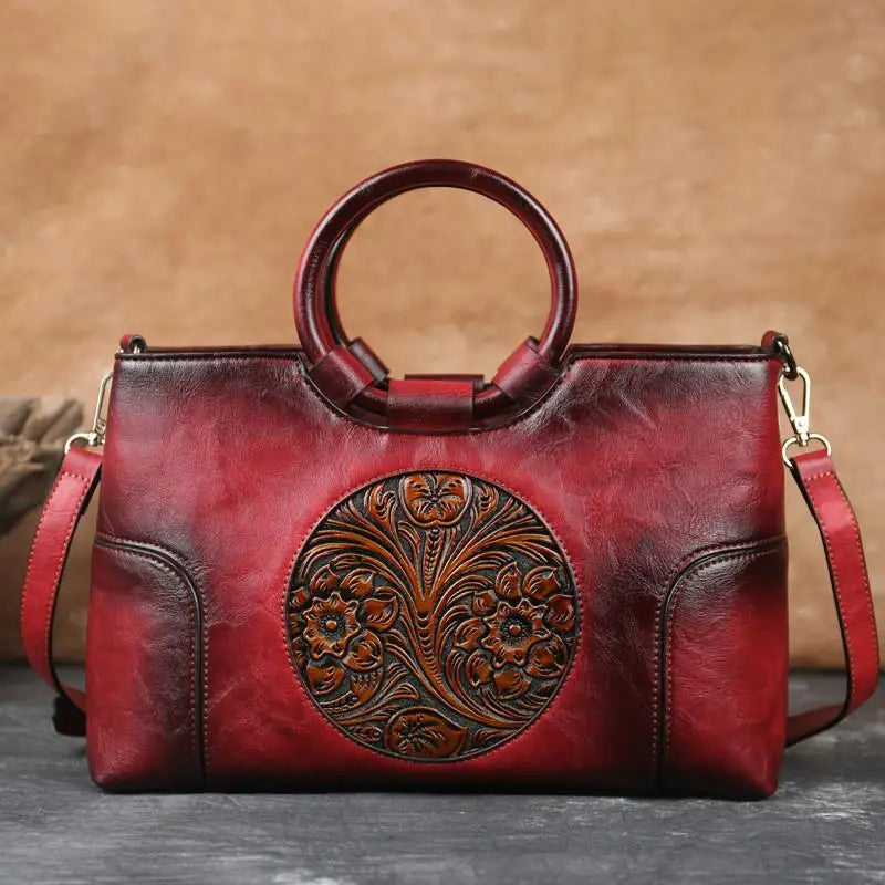 Handgefertigte Ledertasche für Damen mit Vintage-Reliefmuster, Umhängetasche, elegante Tagestasche, Retro-Design, stilvoll | Sansoti