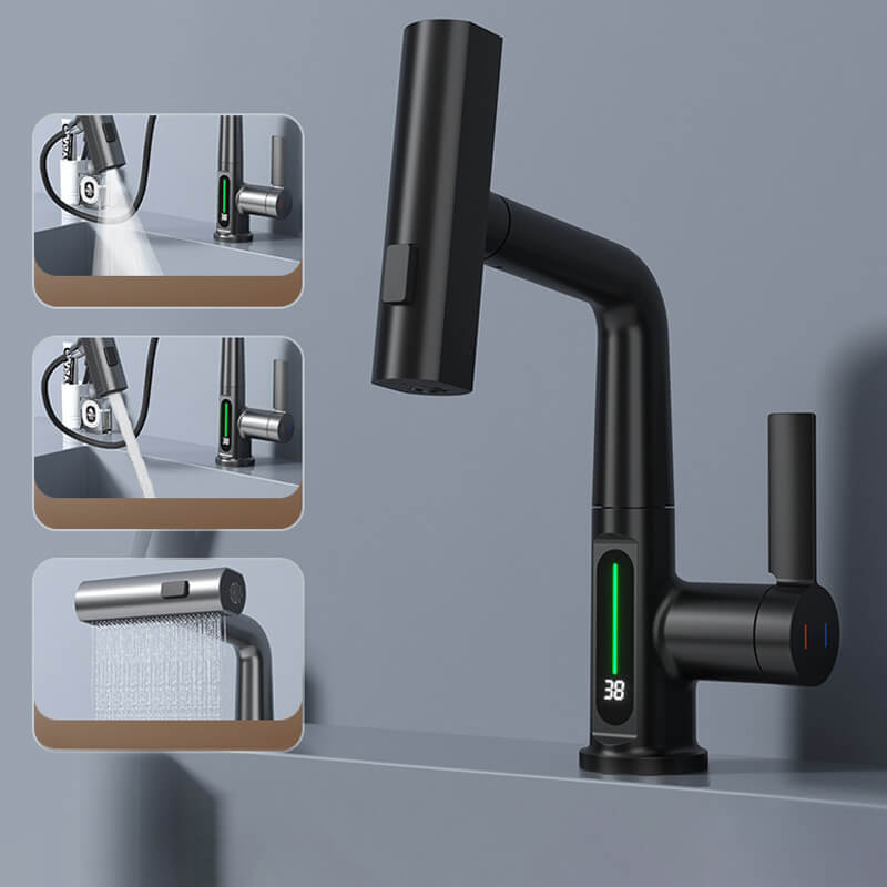 Robinet de cuisine flexible avec indicateur de température LED chrome noir blanc pivotant 360° extensible 60cm pour cuisine et salle de bain | Sansoti