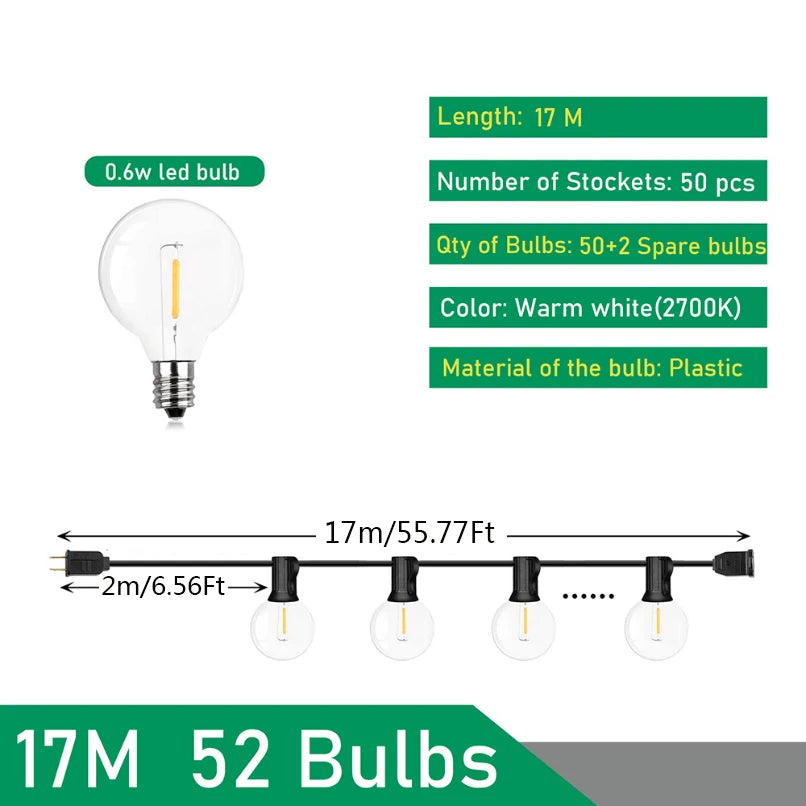 LED Festoen Lichtsnoer Bol G40 Warm Wit Tuin Feest Bruiloft Decoratie Outdoor Sfeerlicht Verlichting 9-26M | Sansoti