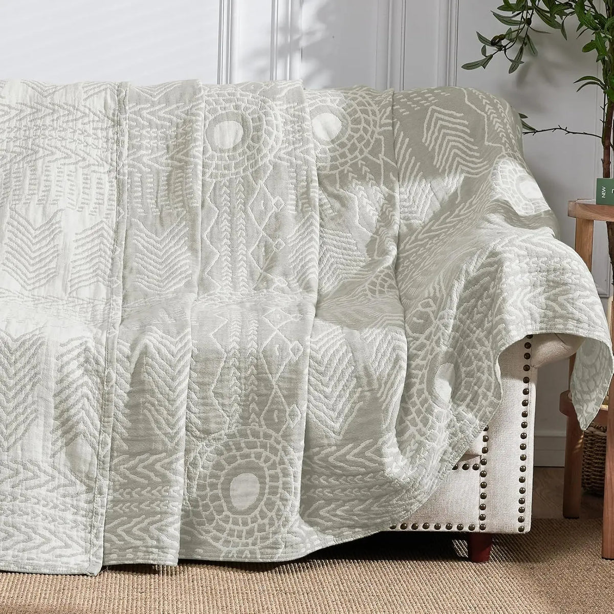 Manta de muselina, manta de algodón de tres capas con estampado geométrico reversible para salón, dormitorio, sofá y cama | Sansoti