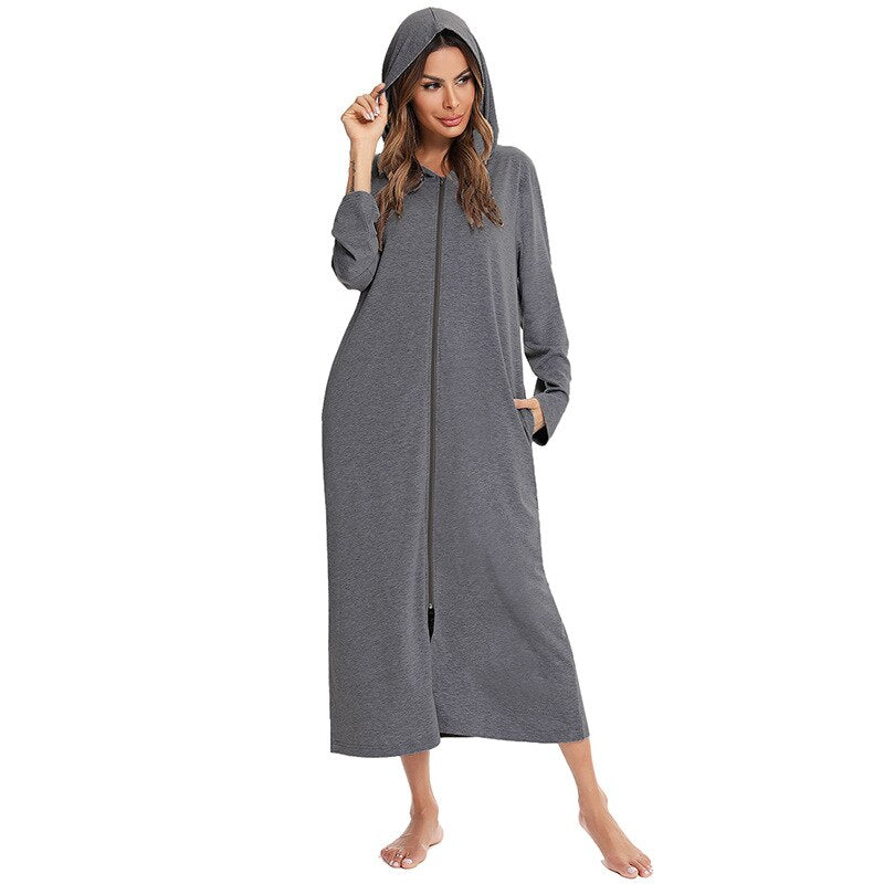 Peignoir en polaire avec capuche et fermeture éclair, poches, manches longues, vêtement d’intérieur pour femme, grossesse, confortable | Sansoti