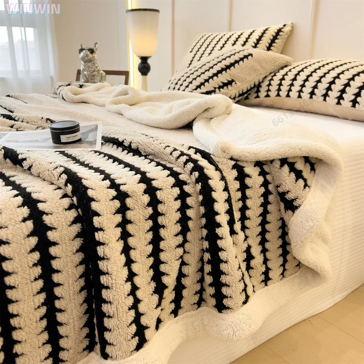 Double-Sided Winter Blanket Fleece Faux Fur Geometric Pattern Heated Blanket Bed Sofa Throw Living Room | Sansoti