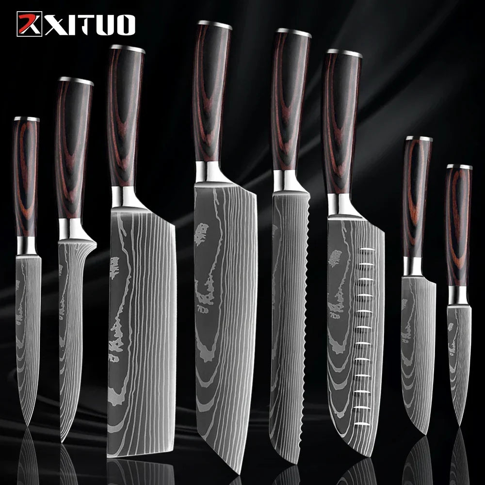 Professioneel Messenset RVS Koksmes Santoku Groentemes Houten Greep Keukengerei 1-9 Delig Keukenmes Set | Sansoti