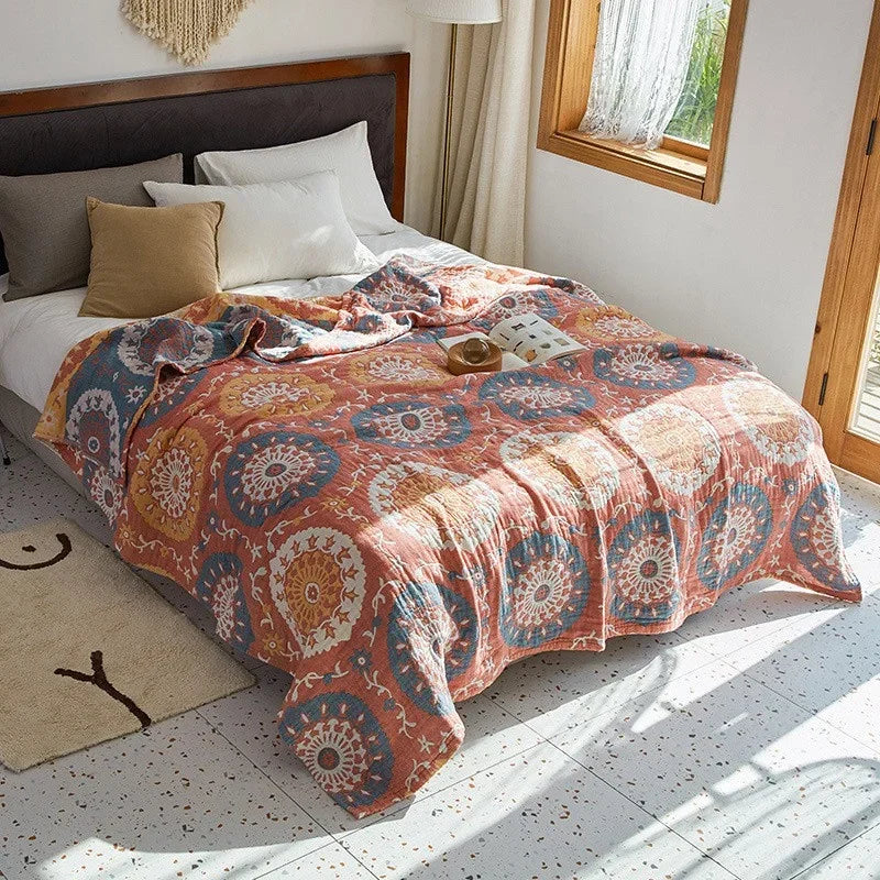 Manta de muselina de algodón transpirable, jacquard, para cama y sofá, 150x200 200x230, con estampado floral para el salón | Sansoti