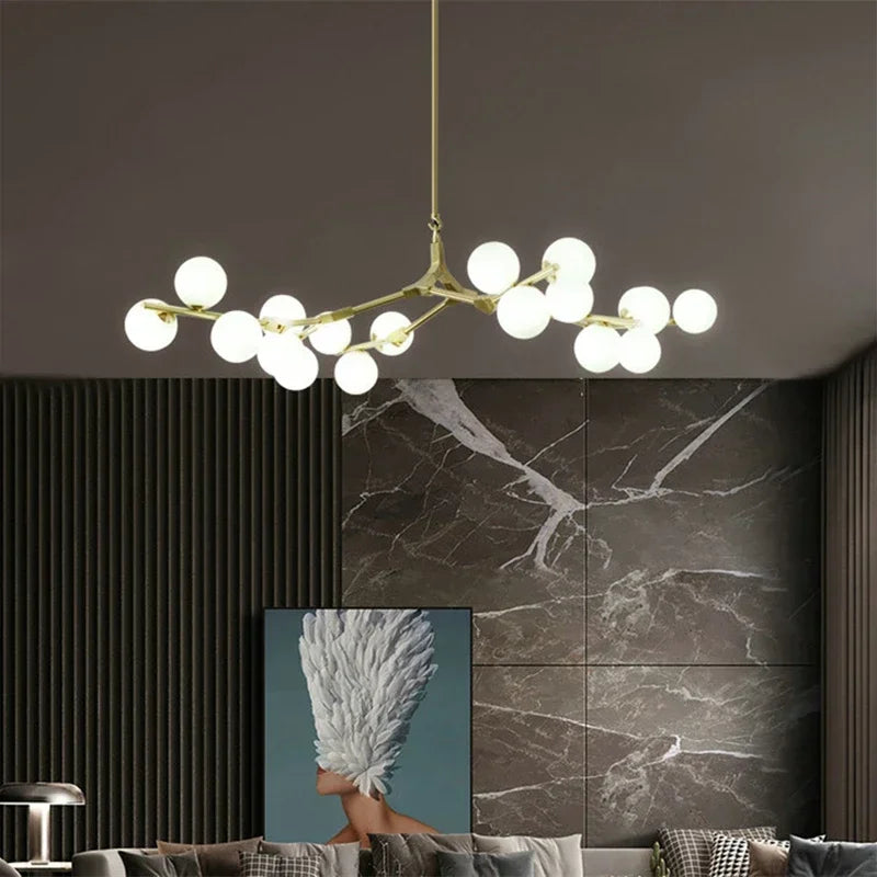 Gepolijste Metalen Hanglamp met Glazen Bollen Goud Zwart G4 LED Eetkamer Woonkamer Takkendesign Modern | Sansoti