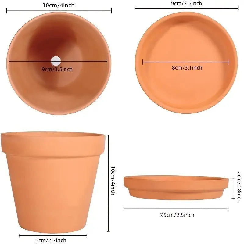 Set van 4 Terracotta Bloempotten 10 cm met Schotel & Drainagegat Decoratief Aardewerk voor Binnen en Buiten | Sansoti