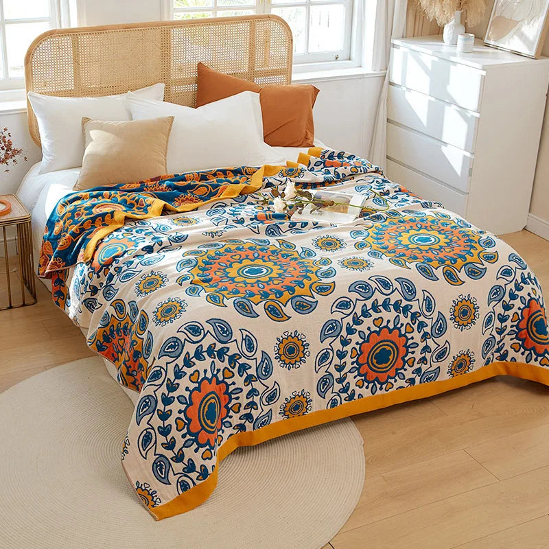 Algodón, manta de verano con estampado floral de hilo teñido, cama doble, estilo rústico, ligera y transpirable | Sansoti
