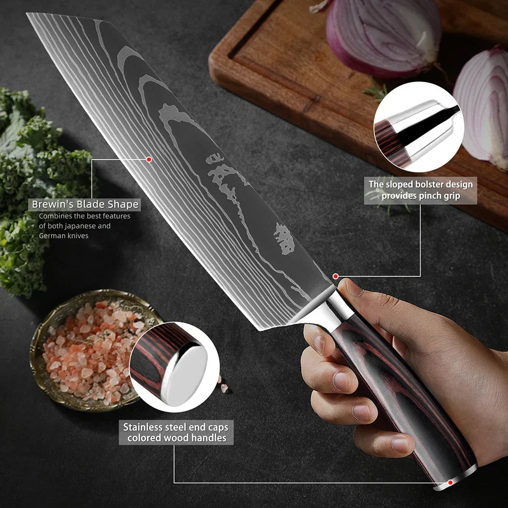 Professioneel Messenset RVS Koksmes Santoku Groentemes Houten Greep Keukengerei 1-9 Delig Keukenmes Set | Sansoti