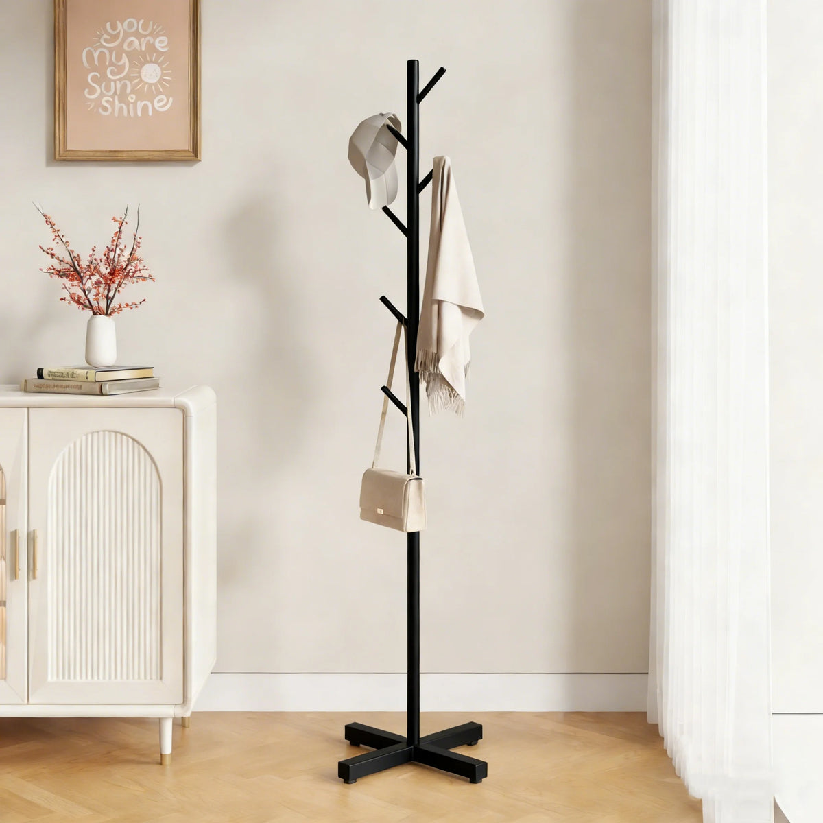 Standing Coat Rack Metal Black 167cm 8 Hooks Bedroom Hall Floor-standing Clothes Rack Non-slip Jackets Hanging System Wardrobe Stand | Sansoti
