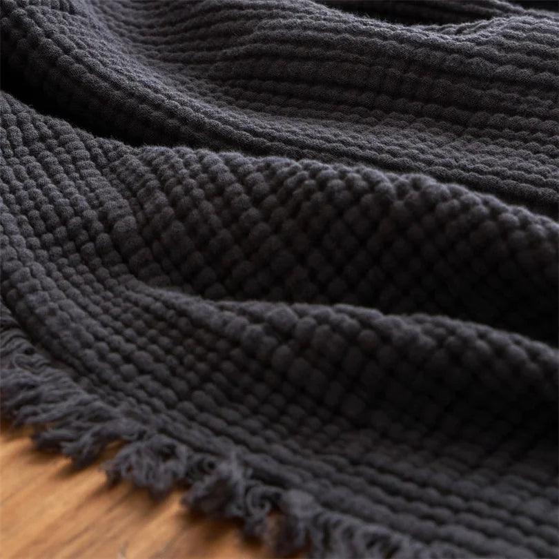 Manta de algodón de 6 capas, suave y transpirable, con flecos, tejida, para cama o sofá, ligera, ideal para el verano, en beige mejillón | Sansoti