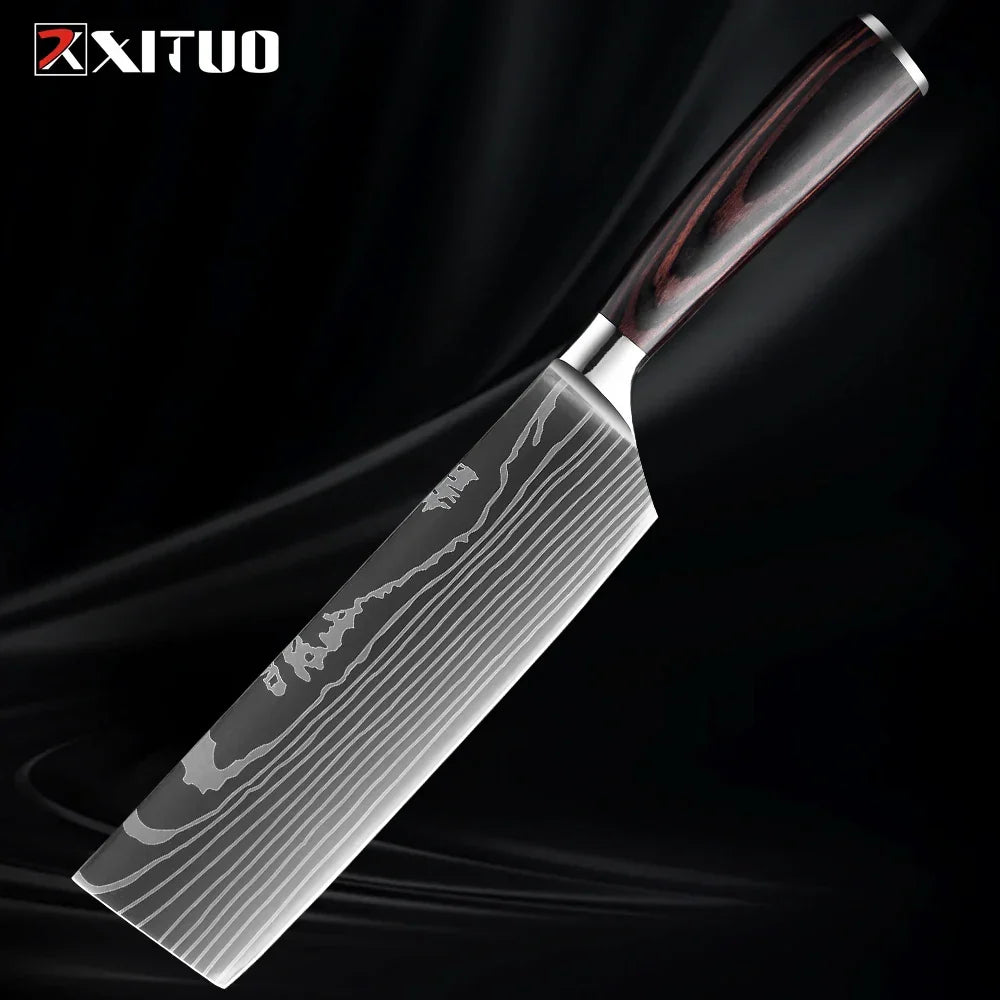 Professioneel Messenset RVS Koksmes Santoku Groentemes Houten Greep Keukengerei 1-9 Delig Keukenmes Set | Sansoti