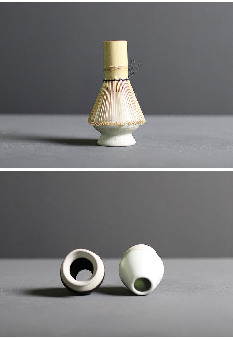 Juego de té matcha japonés de 4 piezas de bambú y cerámica para la ceremonia tradicional, con batidor, cuenco, cuchara y utensilios para el té | Sansoti