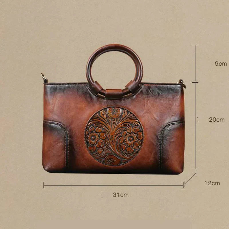 Handgefertigte Ledertasche für Damen mit Vintage-Reliefmuster, Umhängetasche, elegante Tagestasche, Retro-Design, stilvoll | Sansoti