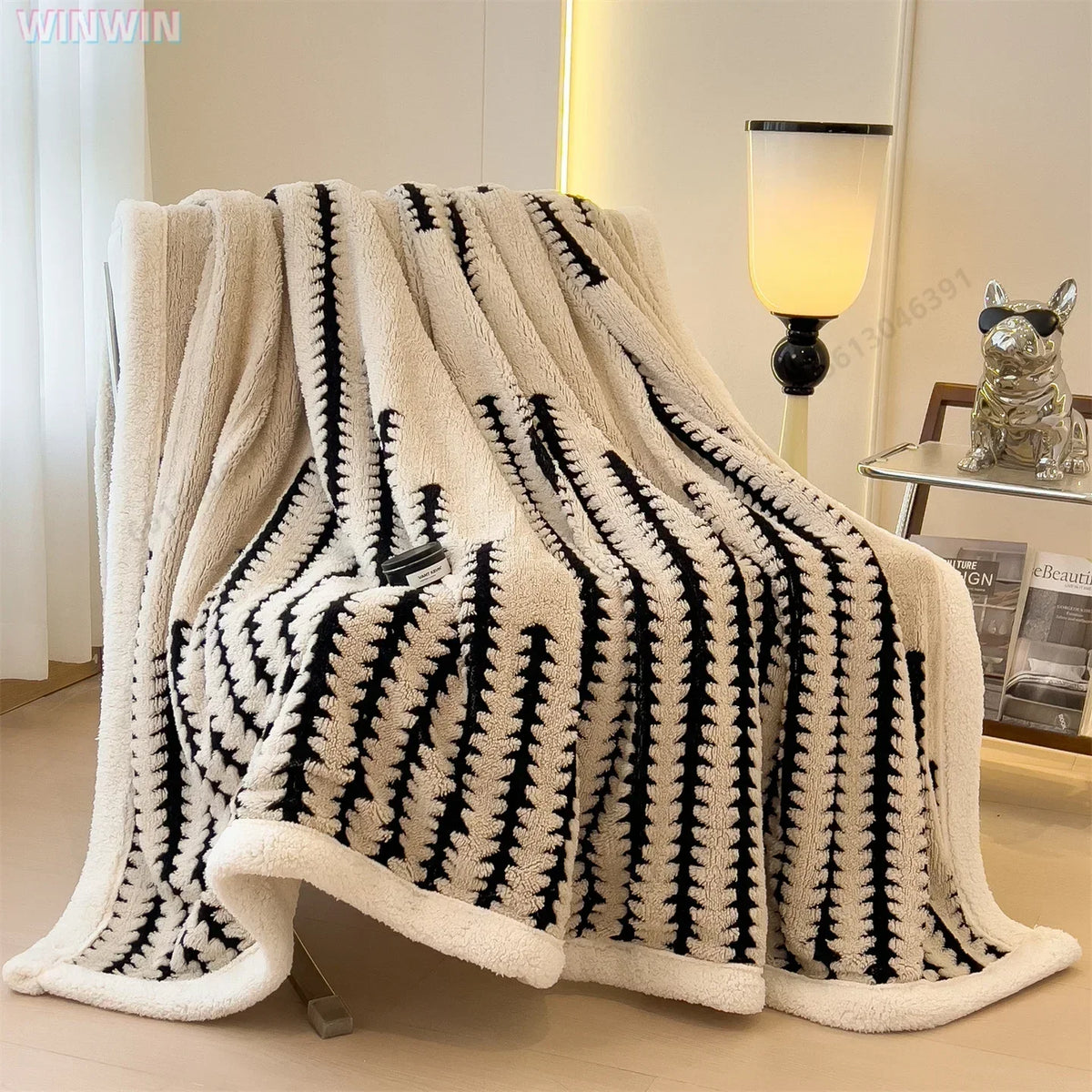 Double-Sided Winter Blanket Fleece Faux Fur Geometric Pattern Heated Blanket Bed Sofa Throw Living Room | Sansoti