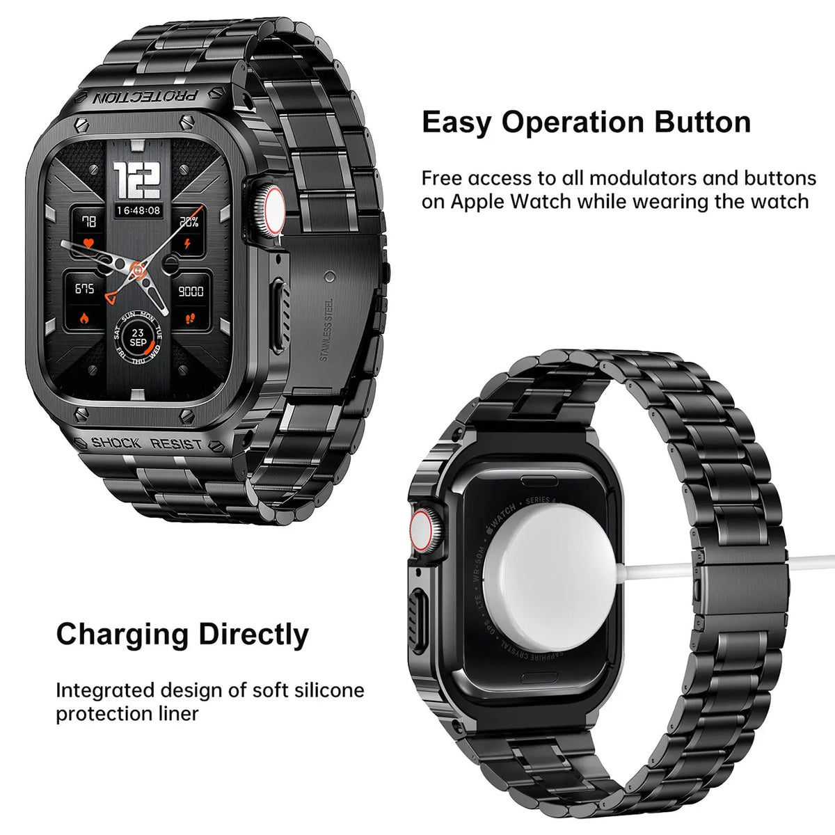 Roestvrijstalen Horlogeband met Beschermhoes 45mm 44mm Smartwatch Accessoire Zwart Zilver Goud Stijlvol | Sansoti