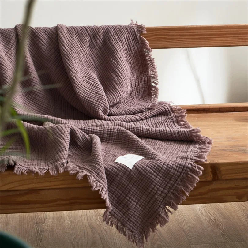 Musselin-Plaid mit Quasten, reine Baumwolle, sechslagig gewebte Decke für Sofa, Bett und Klimaanlage, Wohnzimmer und Schlafzimmer, stilvoll | Sansoti