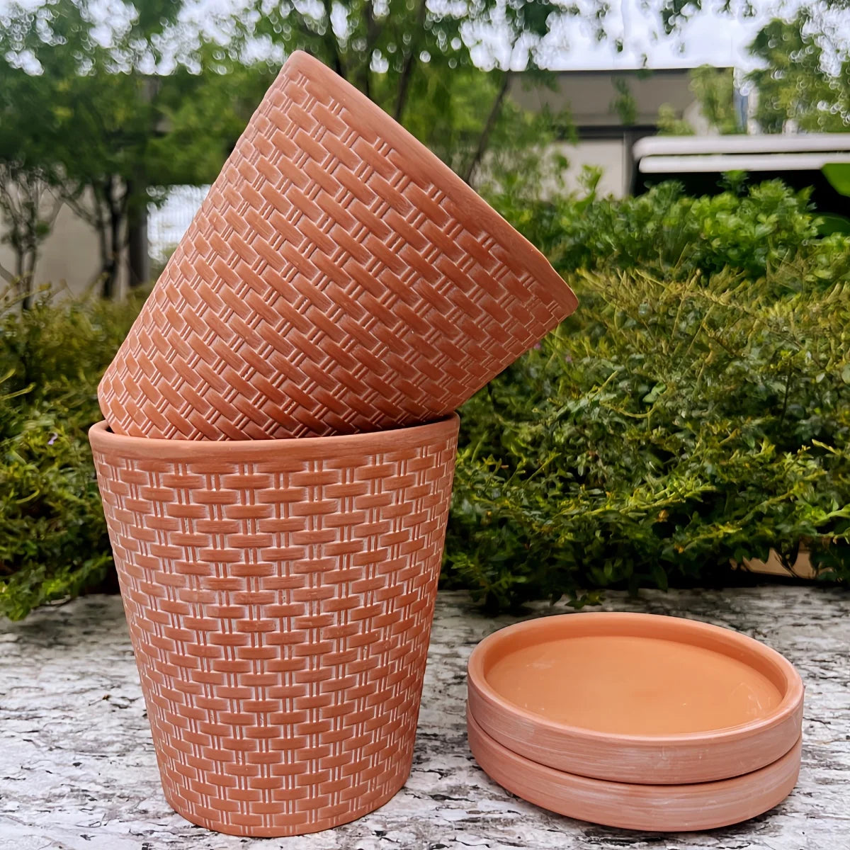 Set of 2 13cm Ceramic Plant Pots with Saucers - Terracotta, with Drainage Holes for Indoor Herbs | Sansoti