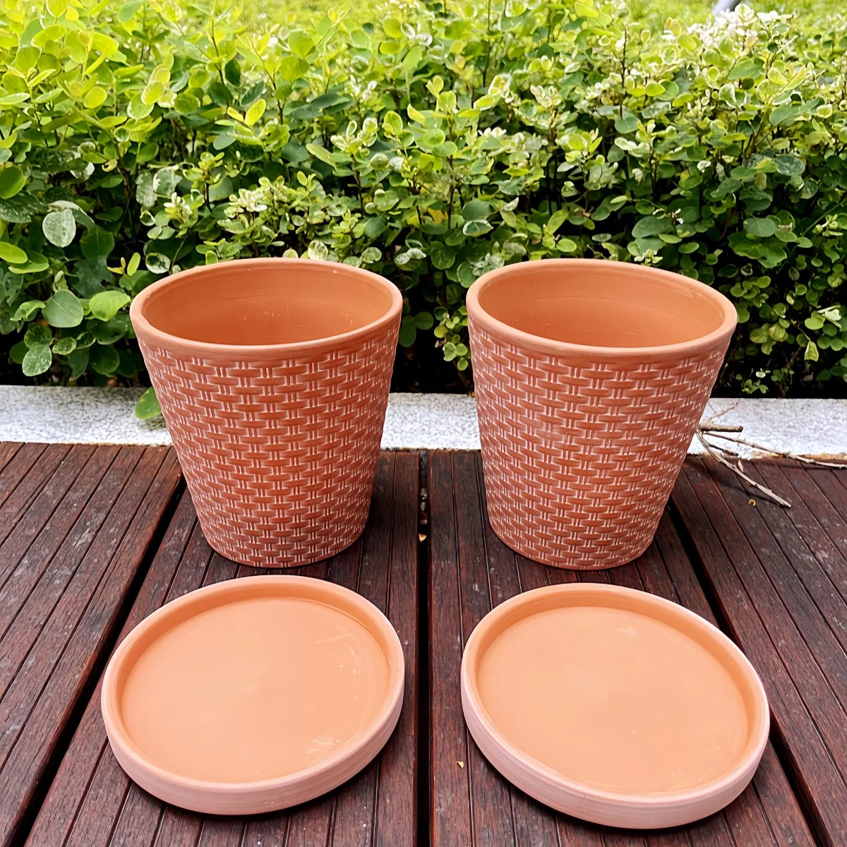 Set of 2 13cm Ceramic Plant Pots with Saucers - Terracotta, with Drainage Holes for Indoor Herbs | Sansoti