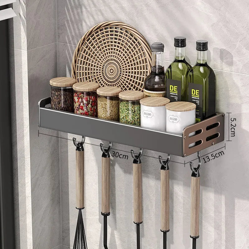 Aluminiowy kuchenny regał ścienny 30–50 cm w kolorze gunmetal, półka na przyprawy bez wiercenia, wieszak, organizer kuchenny, uchwyt na noże do montażu na ścianie | Sansoti