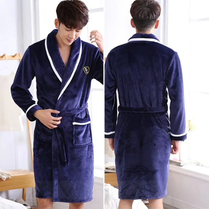 Zachte Fleece Herenbadjas Kimono Stijl Lang Model voor Herfst Winter Lounge Thuiskleding Comfortabel | Sansoti