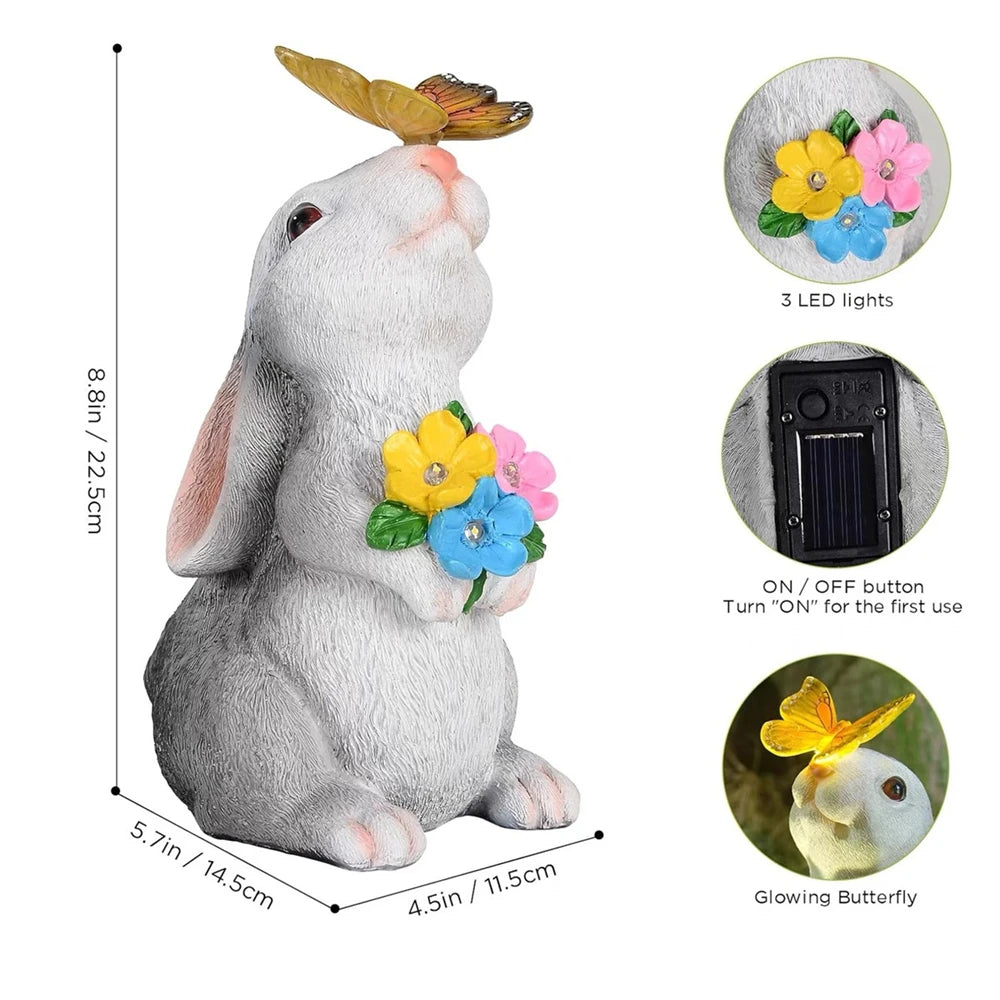 Figura de conejo con energía solar para jardín, resina, 22,5cm, LED con mariposa, lámpara solar para jardín, terraza y césped, decoración exterior y regalo de Pascua | Sansoti