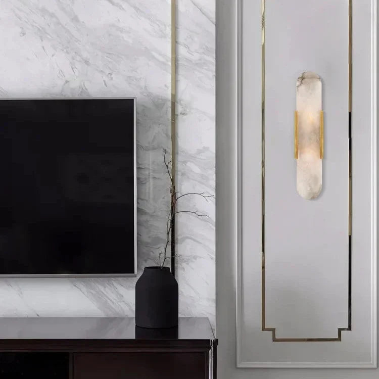 Kinkiet z kamieniem naturalnym i metalowym kloszem, czarno-złoty, 35 cm 50 cm, oświetlenie LED do sypialni, salonu i wnętrz | Sansoti