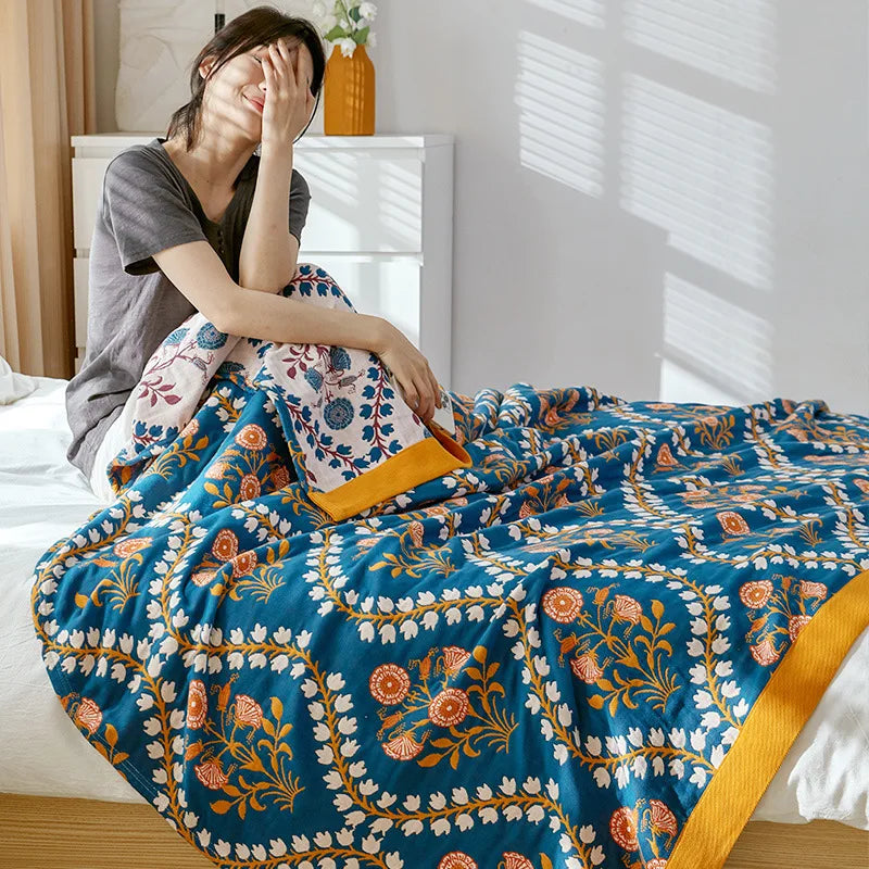 Algodón, manta de verano con estampado floral de hilo teñido, cama doble, estilo rústico, ligera y transpirable | Sansoti