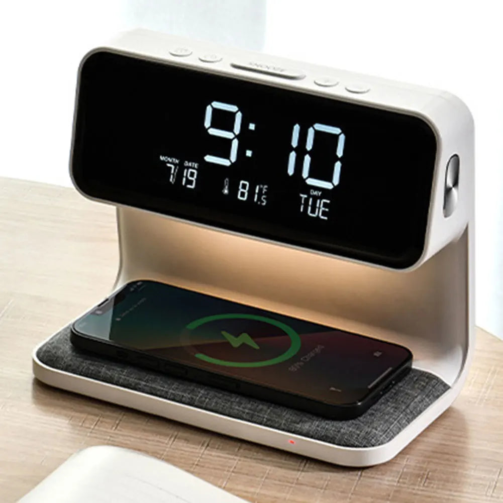Bedside Lamp with Wireless Charger and Alarm Clock 3-in-1 Multifunctional LED Lighting Touch Dimmable White | Sansoti