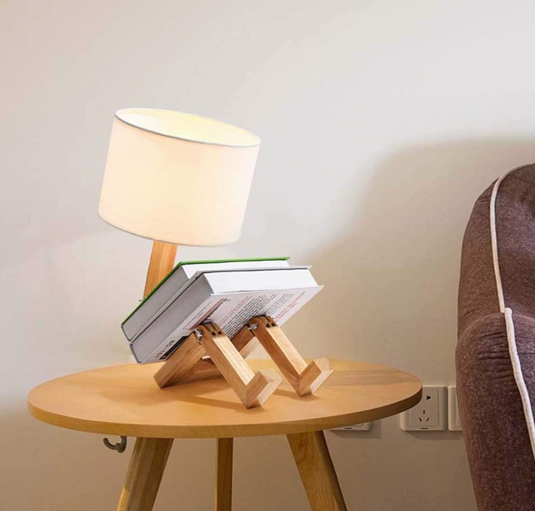Lámpara de lectura escandinava de madera blanca con estante, 44 cm, E27, para mesita de noche o escritorio | Sansoti