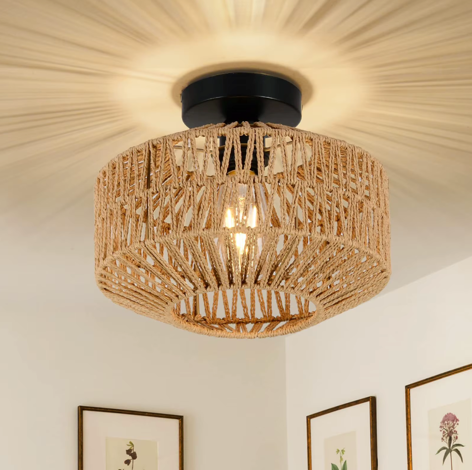 Rattan Hängelampe Handgewebt Natürliche Deckenlampe Braun E27 Wohnzimmer | Sansoti