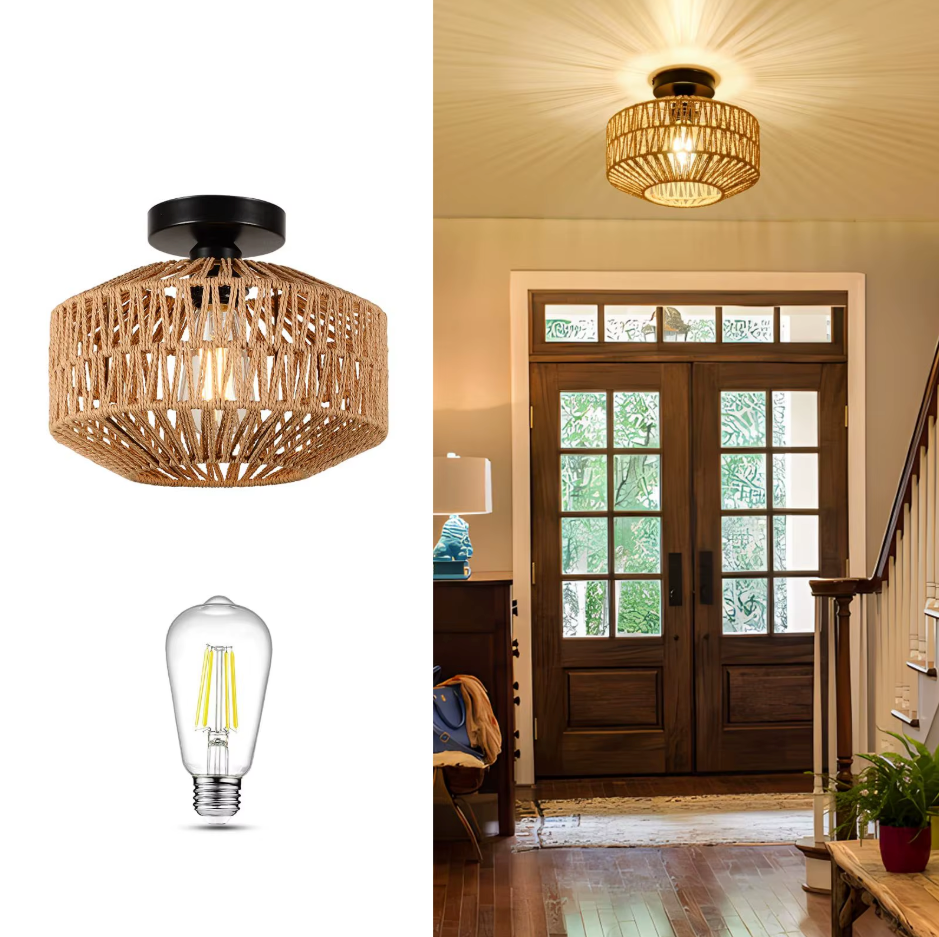 Rattan Hängelampe Handgewebt Natürliche Deckenlampe Braun E27 Wohnzimmer | Sansoti