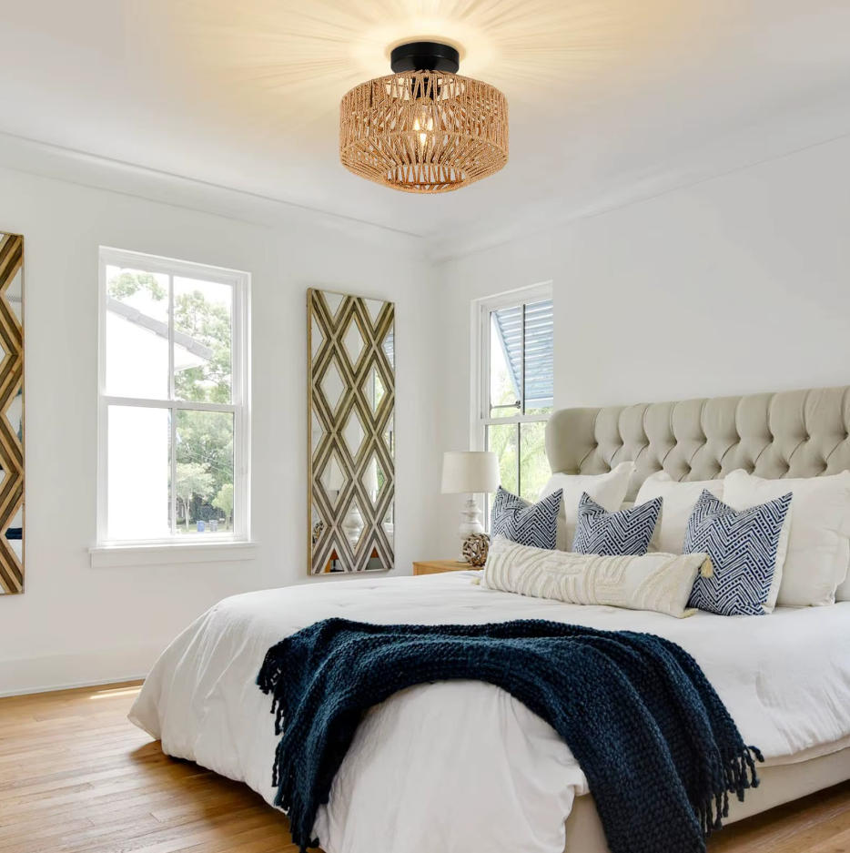 Rotan hanglamp, handgeweven, natuurlijke plafondlamp, bruin, E27, voor de woonkamer | Sansoti