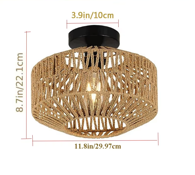 Rotan hanglamp, handgeweven, natuurlijke plafondlamp, bruin, E27, voor de woonkamer | Sansoti