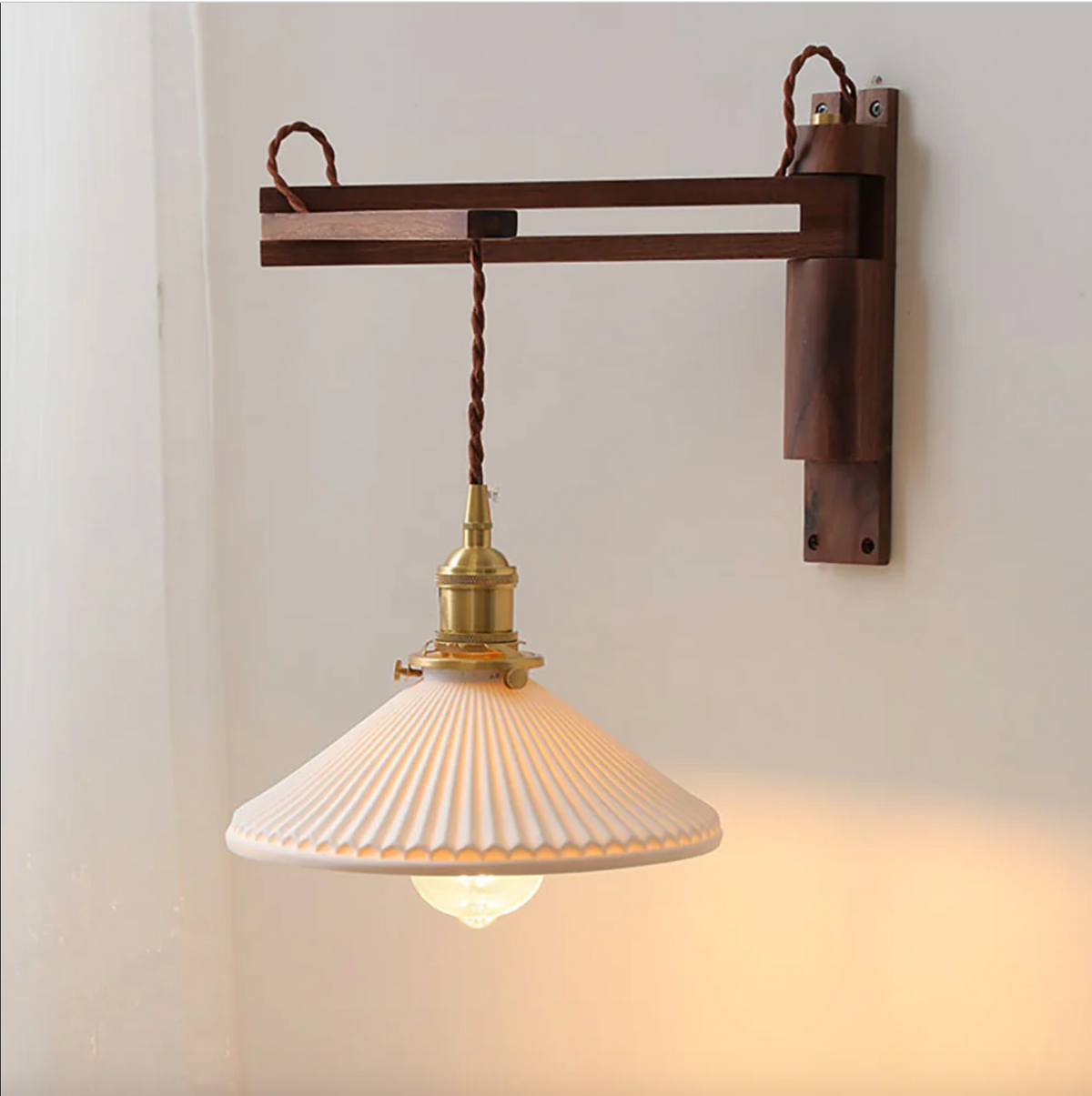 Adjustable Wooden Wall Lamp with Ceramic Shade – Rustic Style with Push Button Switch | Sansoti