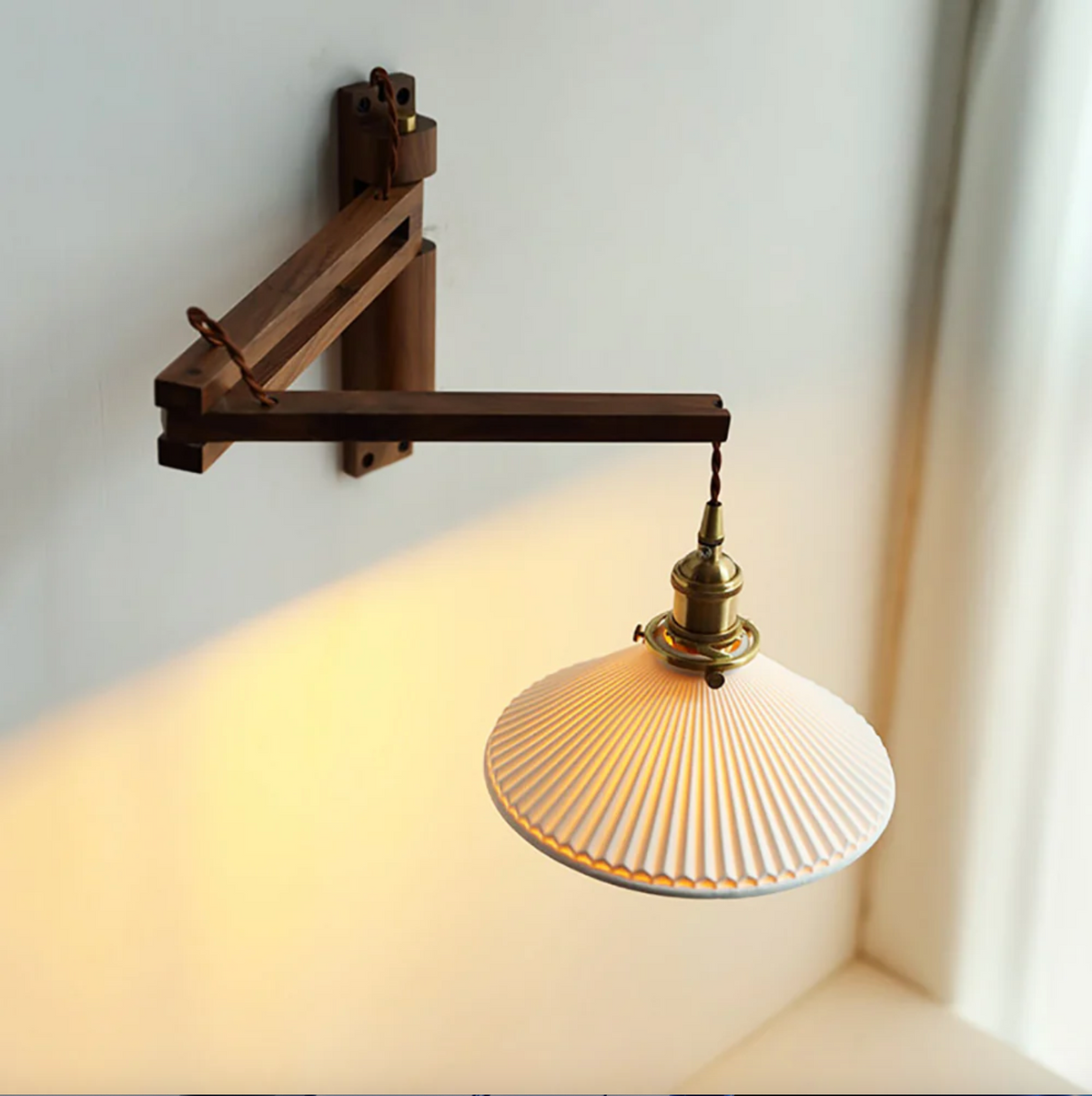 Adjustable Wooden Wall Lamp with Ceramic Shade – Rustic Style with Push Button Switch | Sansoti