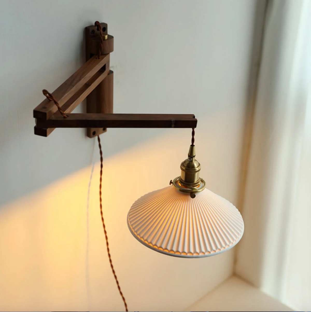 Adjustable Wooden Wall Lamp with Ceramic Shade – Rustic Style with Push Button Switch | Sansoti