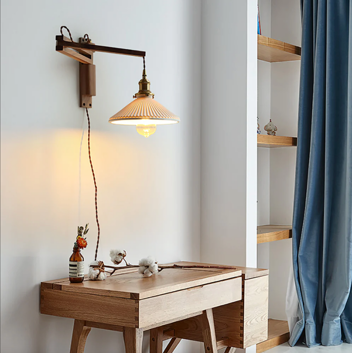 Adjustable Wooden Wall Lamp with Ceramic Shade – Rustic Style with Push Button Switch | Sansoti