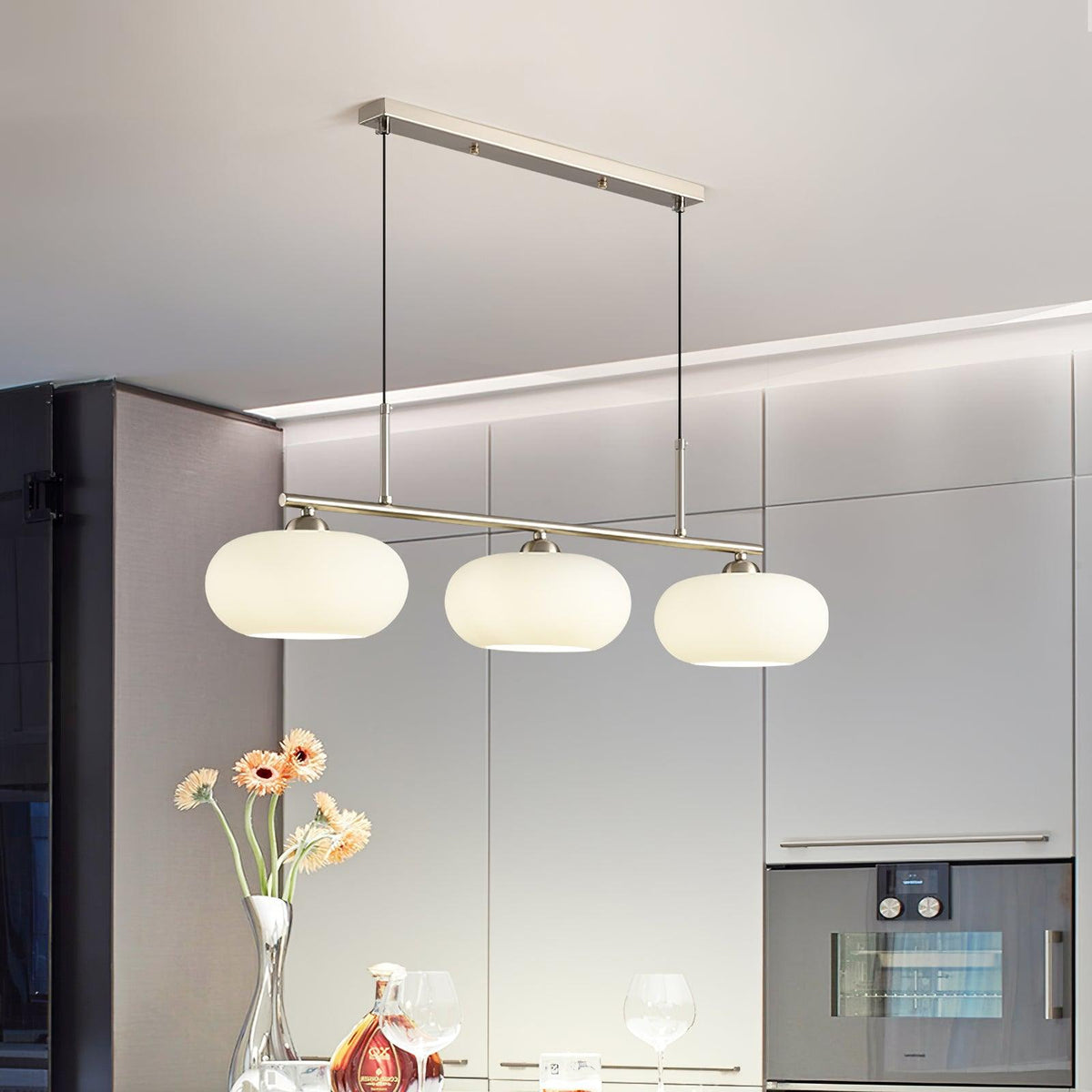 Design Pendant Lamp with 3 Globe Shades - Stylish Dining Room Lighting for Table and Kitchen Island - Adjustable 150 cm - Nickel or Gold - E26/E27 | Sansoti
