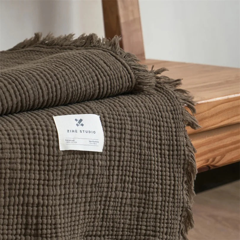 Musselin-Plaid mit Quasten, reine Baumwolle, sechslagig gewebte Decke für Sofa, Bett und Klimaanlage, Wohnzimmer und Schlafzimmer, stilvoll | Sansoti