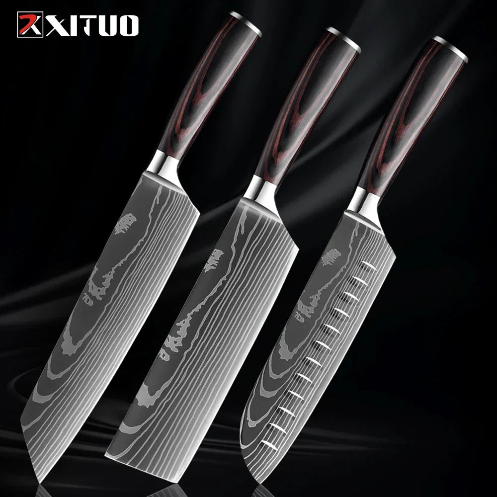 Professioneel Messenset RVS Koksmes Santoku Groentemes Houten Greep Keukengerei 1-9 Delig Keukenmes Set | Sansoti