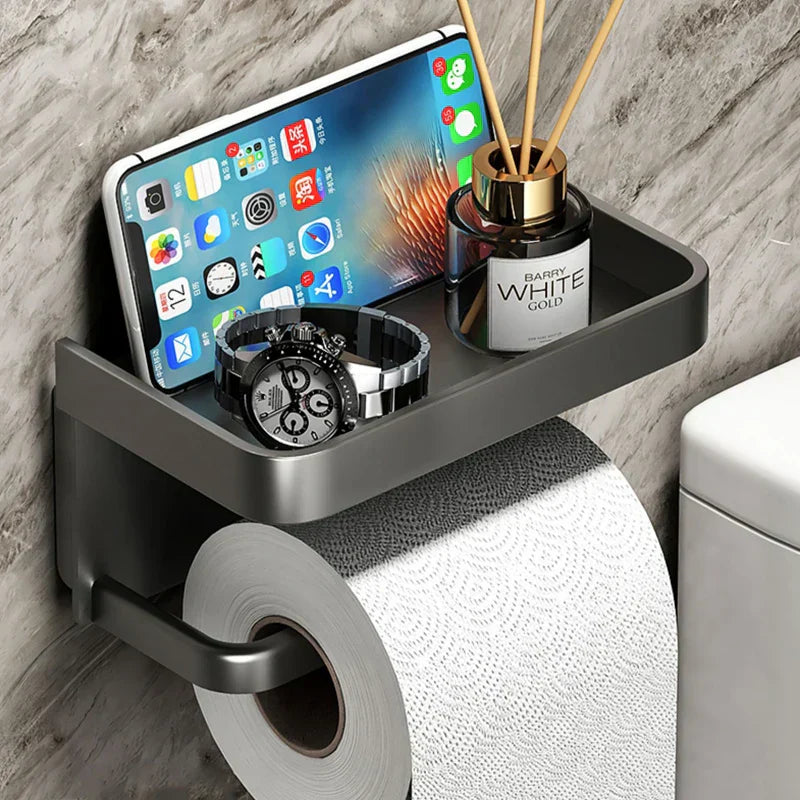 Toilettenpapierhalter Aluminium Schwarz 18,3cm Mit Ablage Wandmontage Badezimmer Telefonhalter Aufbewahrungsregal Modern Minimalistisch | Sansoti