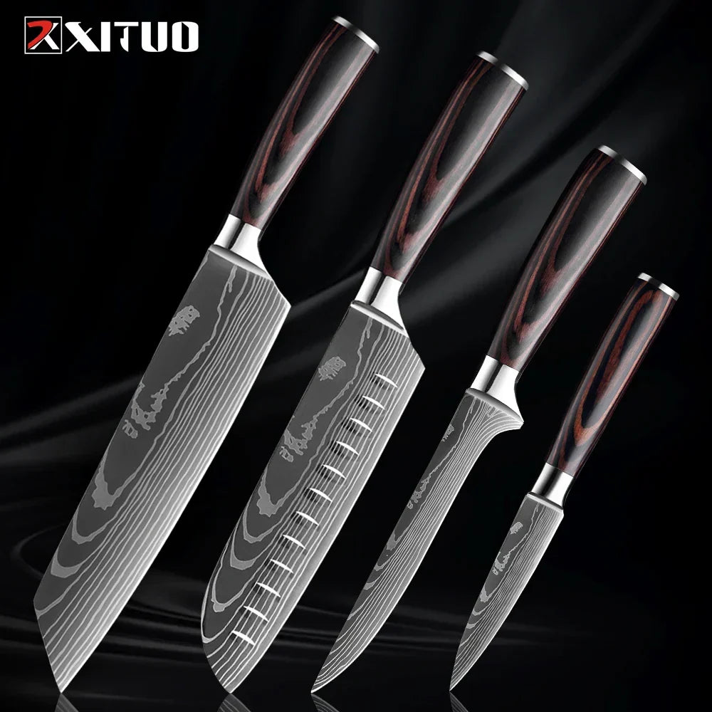 Professioneel Messenset RVS Koksmes Santoku Groentemes Houten Greep Keukengerei 1-9 Delig Keukenmes Set | Sansoti