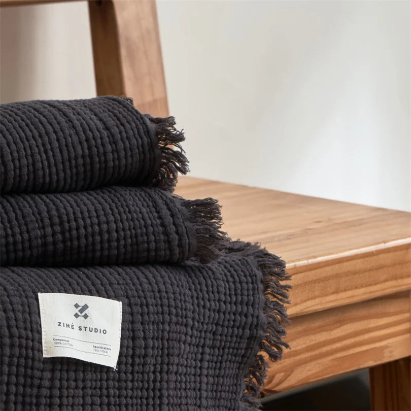 Musselin-Plaid mit Quasten, reine Baumwolle, sechslagig gewebte Decke für Sofa, Bett und Klimaanlage, Wohnzimmer und Schlafzimmer, stilvoll | Sansoti