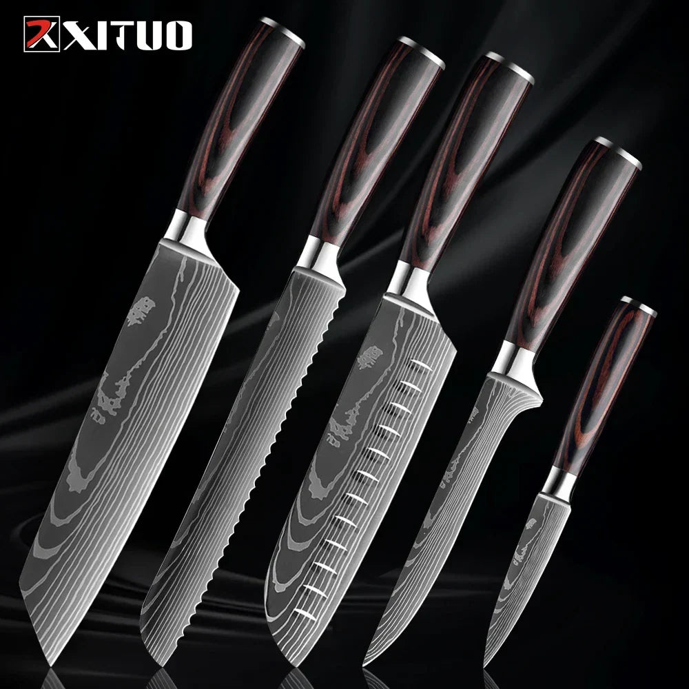 Professioneel Messenset RVS Koksmes Santoku Groentemes Houten Greep Keukengerei 1-9 Delig Keukenmes Set | Sansoti