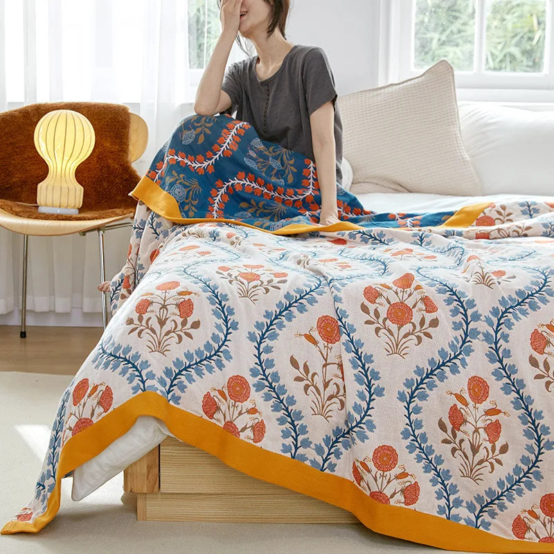 Algodón, manta de verano con estampado floral de hilo teñido, cama doble, estilo rústico, ligera y transpirable | Sansoti