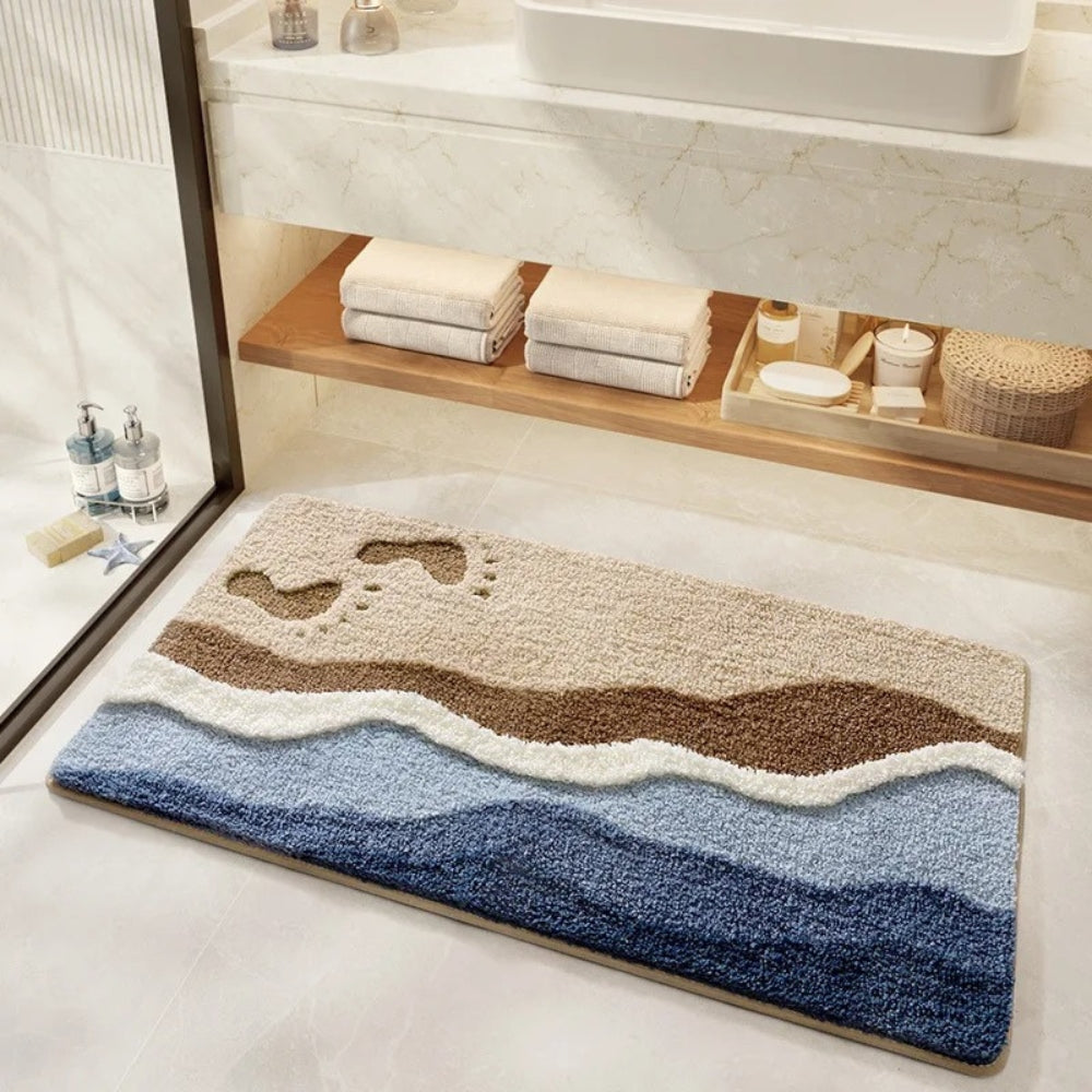 Beach Footprint Bath Mat – Absorbent Flocking Soft Carpet Anti-Slip Coastal Pattern Bathroom Floor Mat 51x81cm – Maritime Beach Design Shower Mat with Footprints | Sansoti