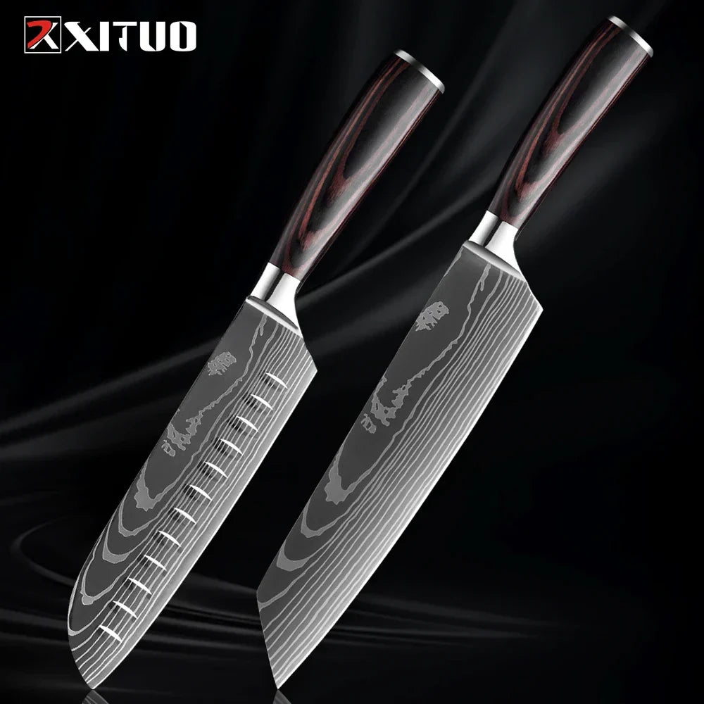 Professioneel Messenset RVS Koksmes Santoku Groentemes Houten Greep Keukengerei 1-9 Delig Keukenmes Set | Sansoti
