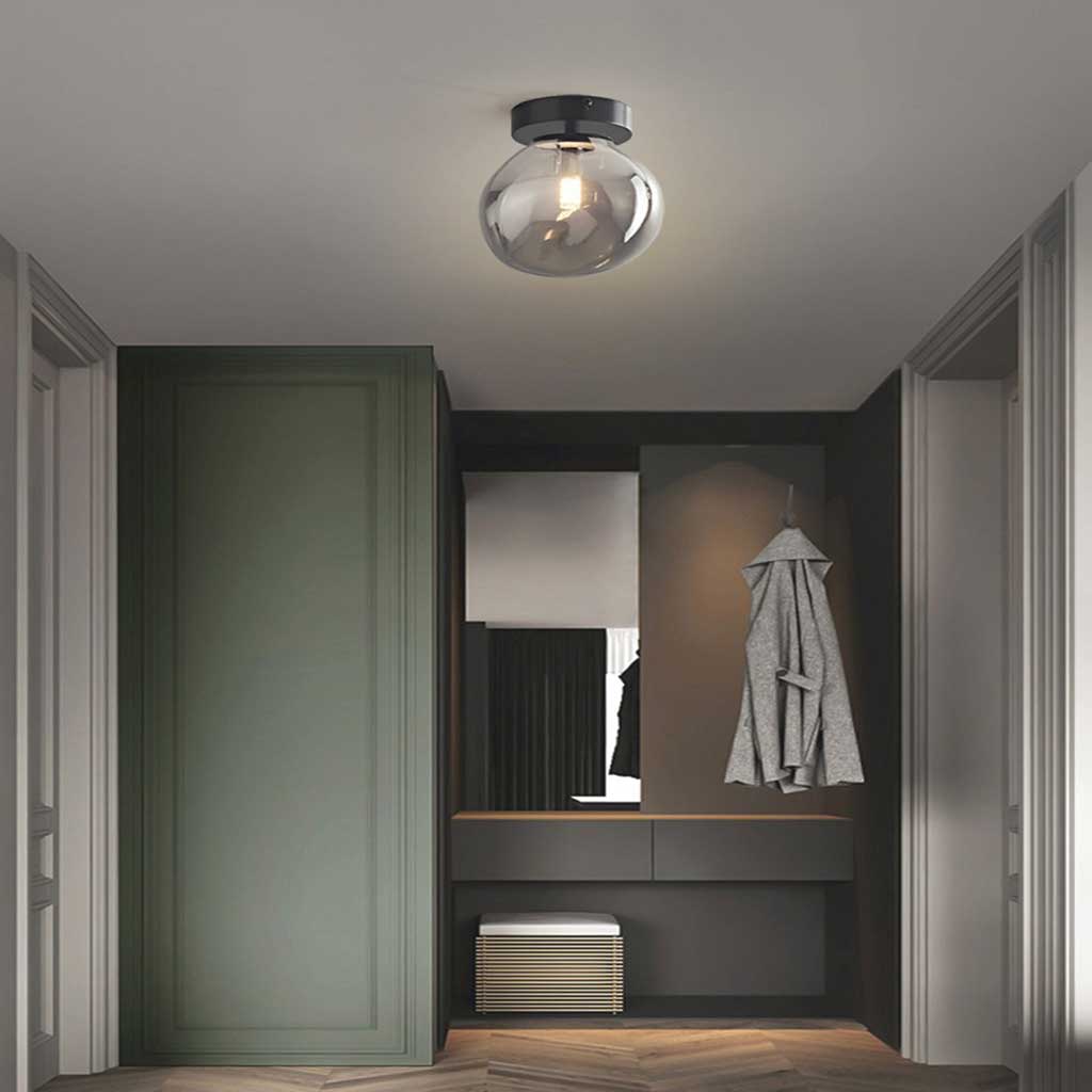 Halbflächen-Deckenleuchte mit Glaskugel und Metallgestell, LED, dimmbar, Wohnzimmer, Flur, Eingangsbereich, warmes Licht, modern | Sansoti