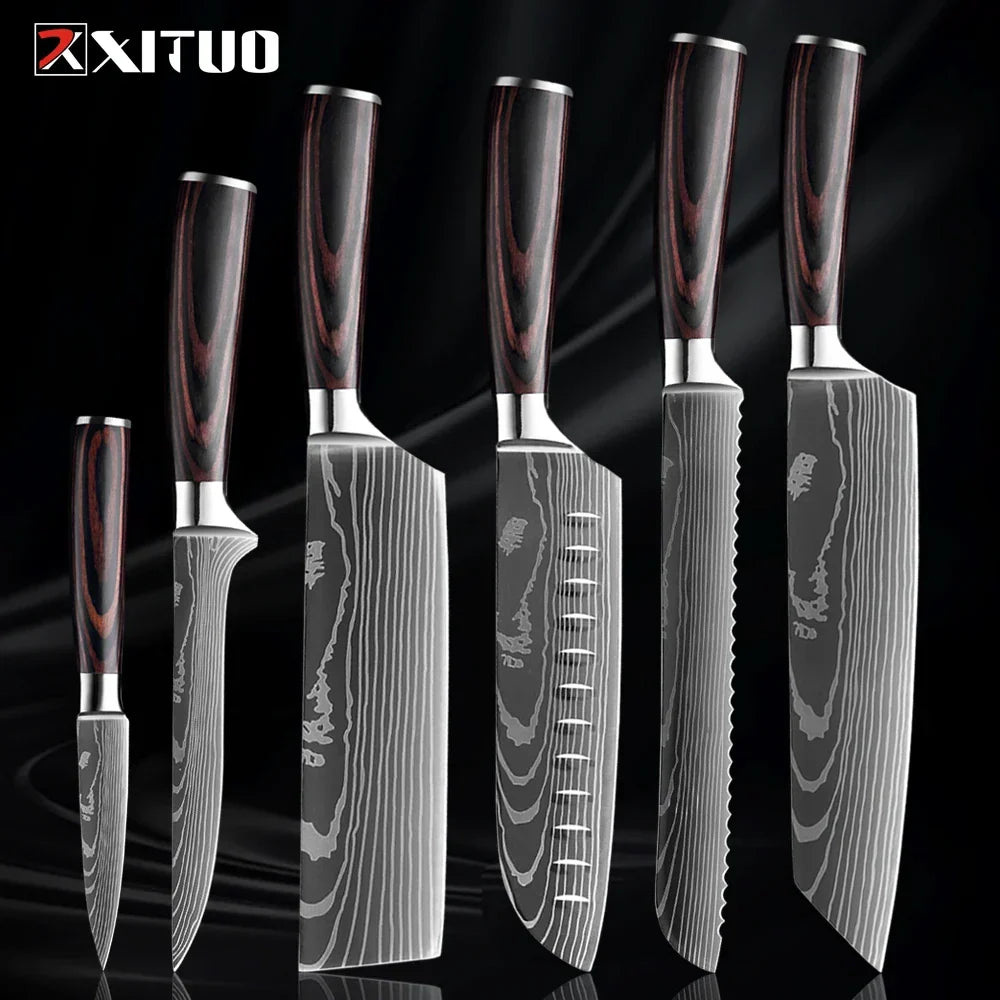 Professioneel Messenset RVS Koksmes Santoku Groentemes Houten Greep Keukengerei 1-9 Delig Keukenmes Set | Sansoti