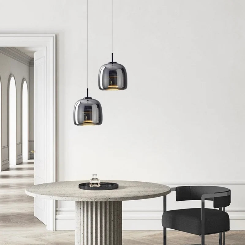 Skandinavische Glas-Hängeleuchte – Warmes Stimmungslicht mit Bernstein-, Klarem oder Grauem Glas – Ø 15, 25 oder 35 cm – Moderne Beleuchtung für Küche, Esszimmer und Wohnzimmer | Sansoti